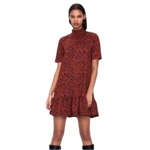 Zara Red Zebra Print Jaquard Mock Neck Mini Dress Size Small